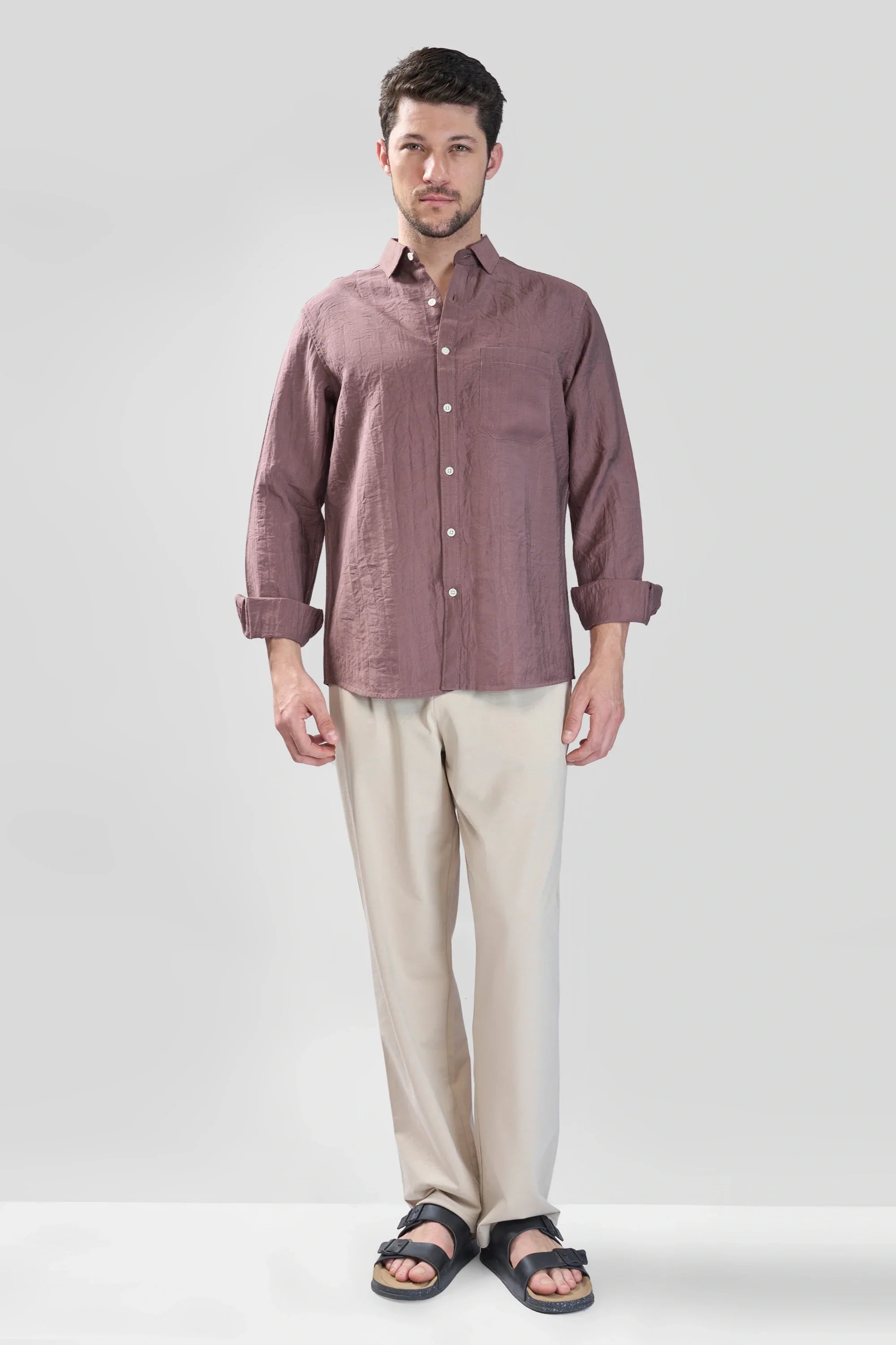Xkind Brown Crush Wrinkled Look Regular Fit Shirt