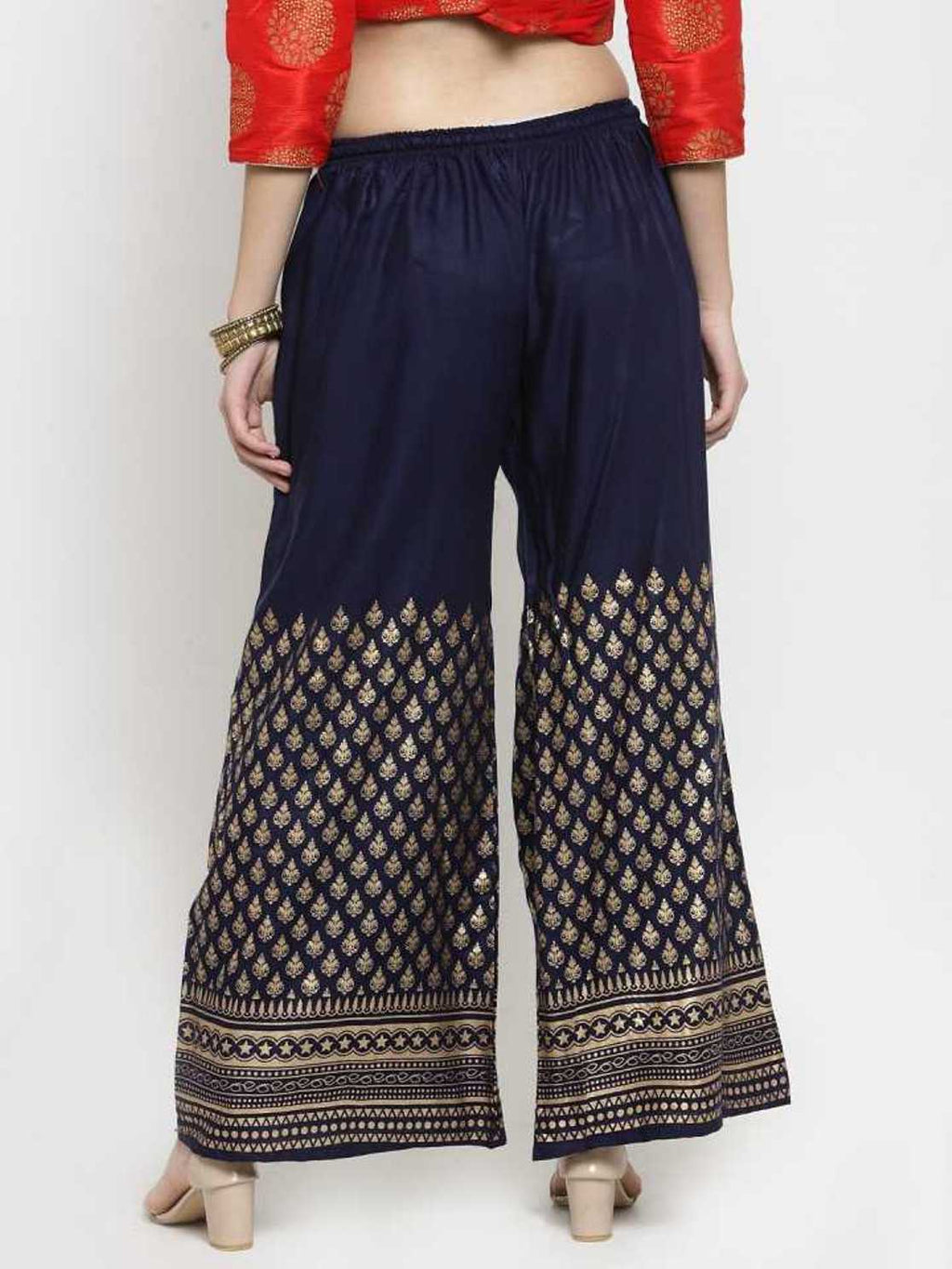 PAVONINE Navy Blue Color Minar Half Golden Print Sharara For Women - Distacart