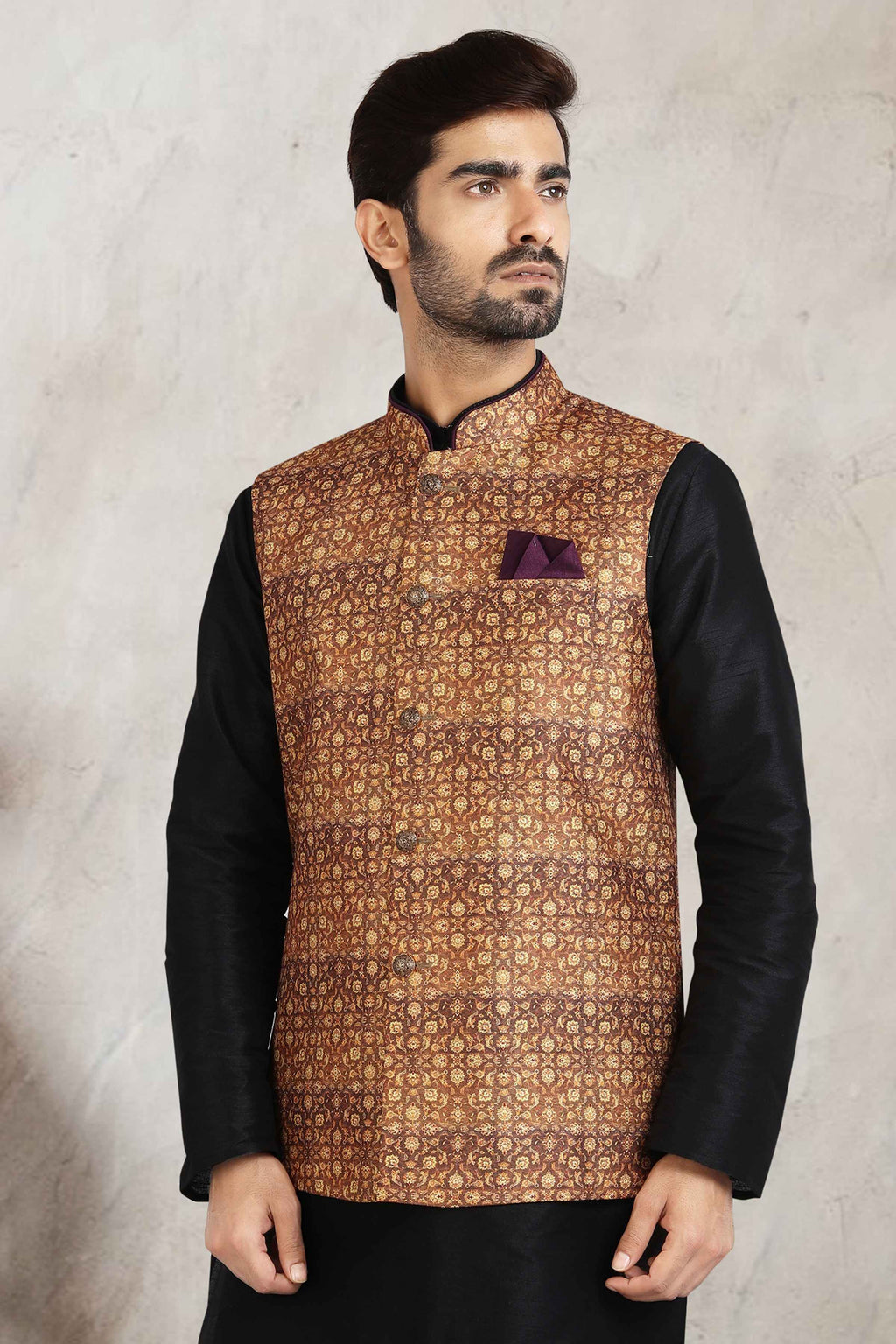 Raivat Ethnic Art Banarasi Silk Printed Work 3 Pics Jacket Set In Beige Colour
