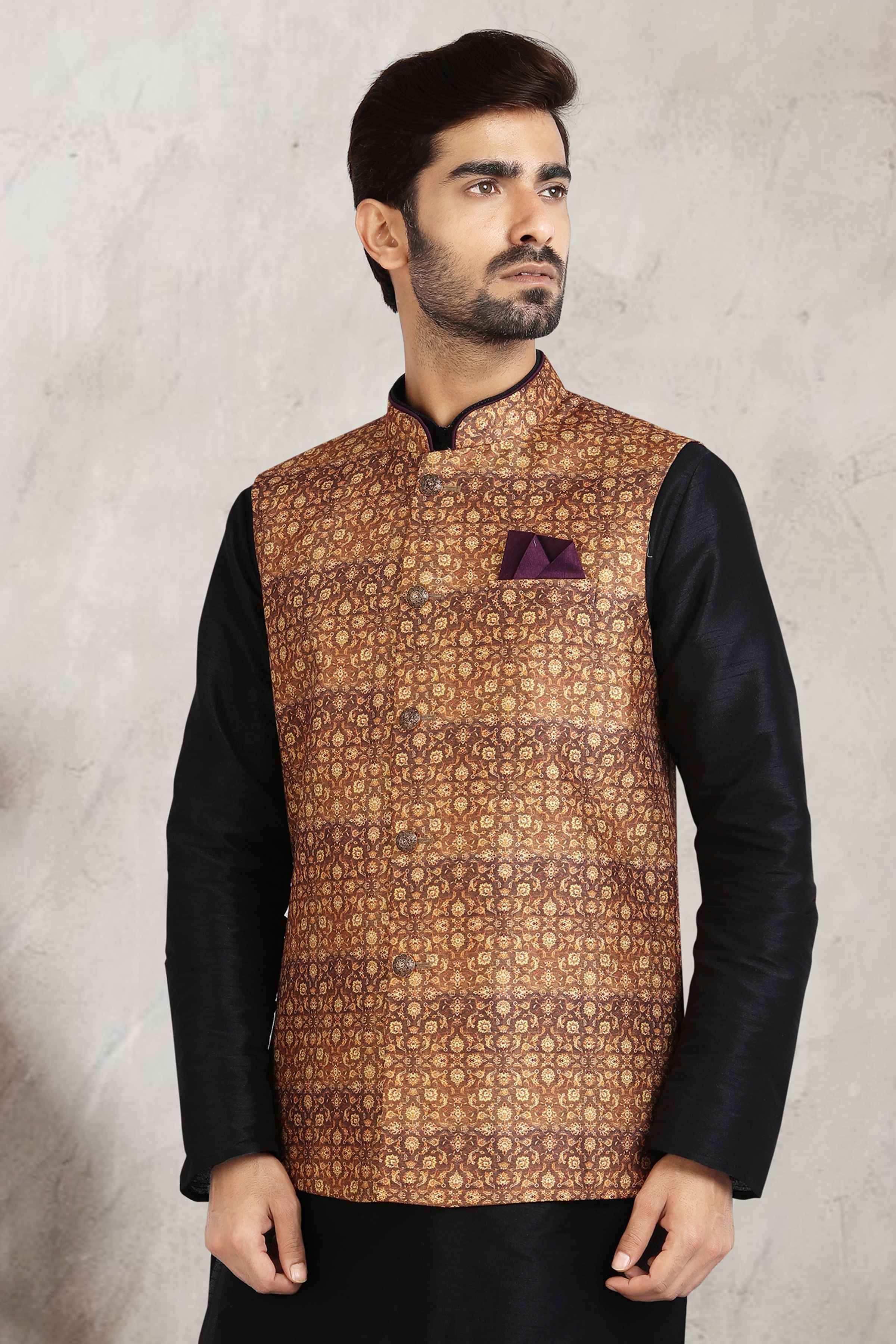 Raivat Ethnic Art Banarasi Silk Printed Work 3 Pics Jacket Set In Beige Colour