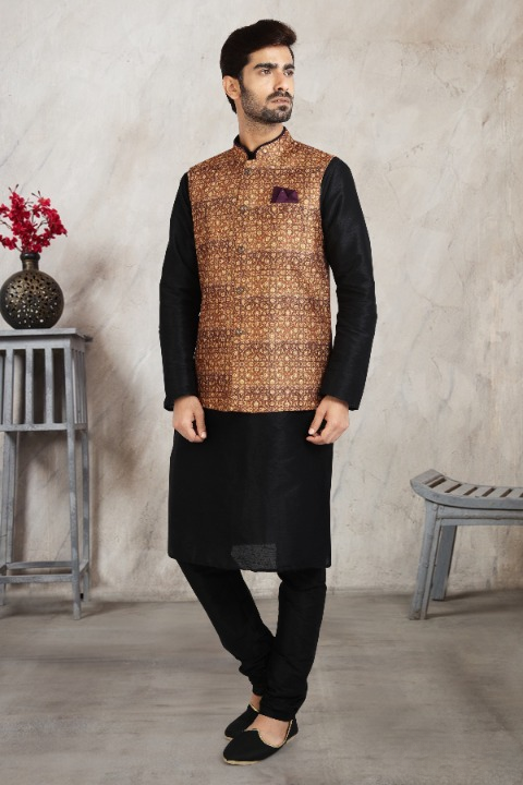 Raivat Ethnic Art Banarasi Silk Printed Work 3 Pics Jacket Set In Beige Colour