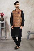 Raivat Ethnic Art Banarasi Silk Printed Work 3 Pics Jacket Set In Beige Colour