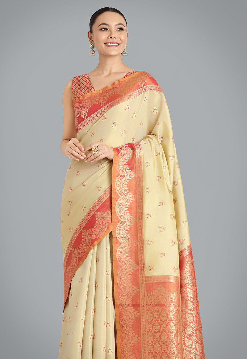 Monjolika Fashion Cream Color Weaving Banarasi Tissue Silk Classic Saree - Distacart