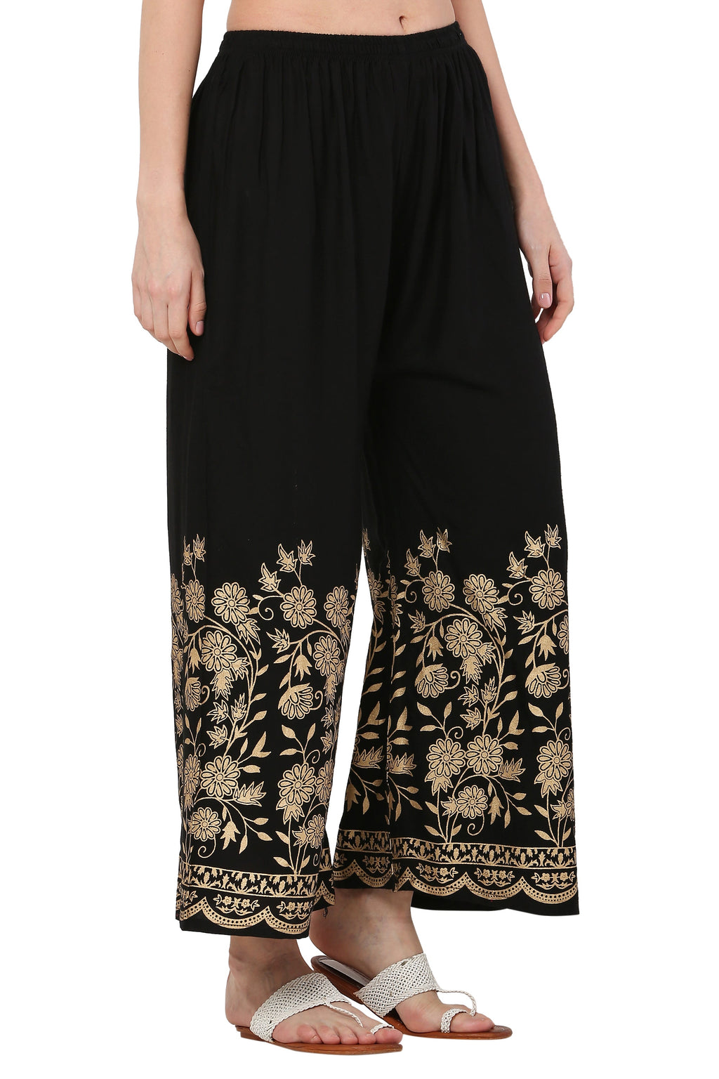 PAVONINE Black Color Floral Half Golden Print Sharara For Women - Distacart