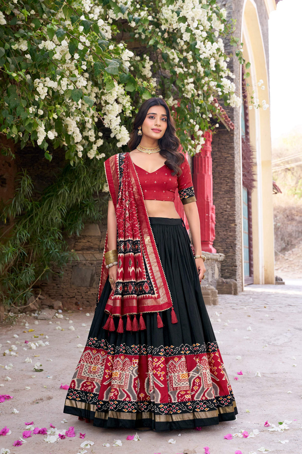Lorenvalley Fashion Black Tussar Silk Patola Printed With Foil Work Lehenga Choli with Dupatta