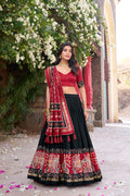 Lorenvalley Fashion Black Tussar Silk Patola Printed With Foil Work Lehenga Choli with Dupatta