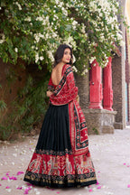 Lorenvalley Fashion Black Tussar Silk Patola Printed With Foil Work Lehenga Choli with Dupatta