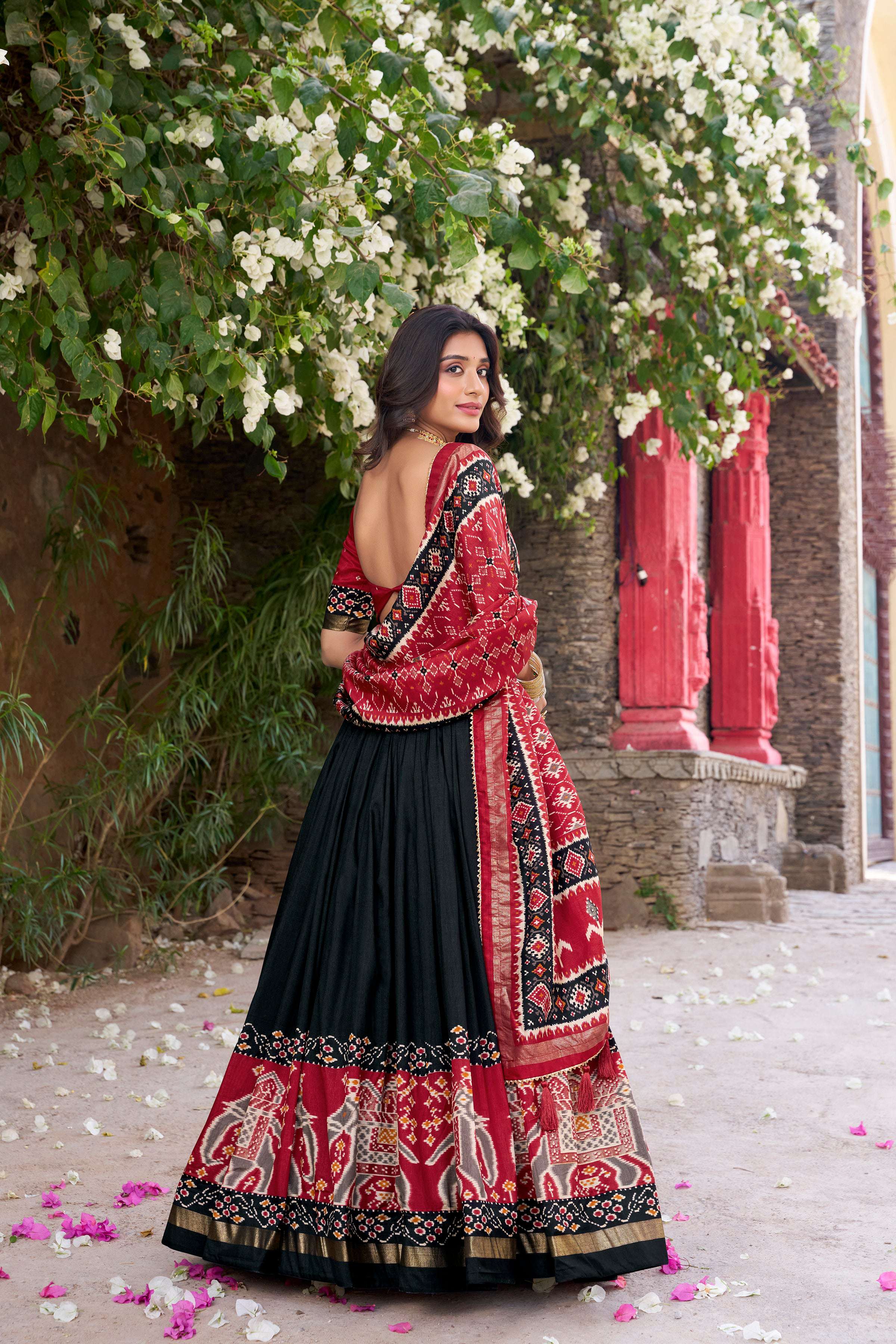 Lorenvalley Fashion Black Tussar Silk Patola Printed With Foil Work Lehenga Choli with Dupatta