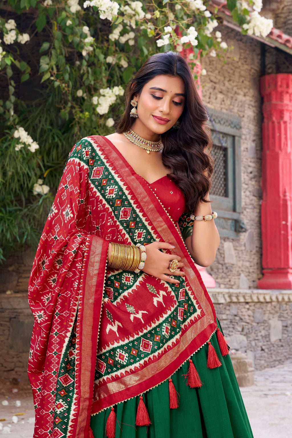 Lorenvalley Fashion Green Tussar Silk Patola Printed With Foil Work Lehenga Choli with Dupatta
