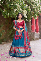 Lorenvalley Fashion Teal Tussar Silk Patola Printed With Foil Work Lehenga Choli with Dupatta