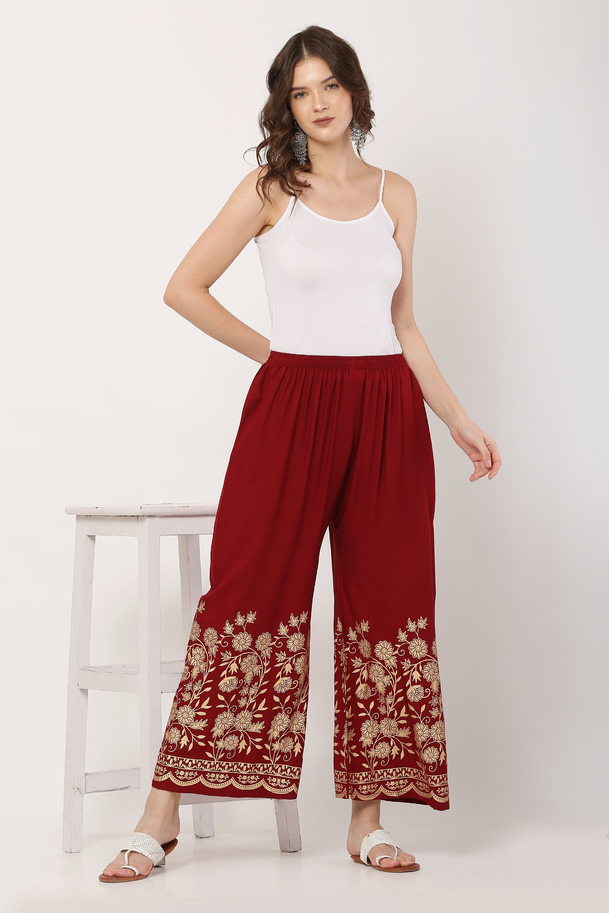PAVONINE Maroon Color Floral Half Golden Print Sharara For Women - Distacart