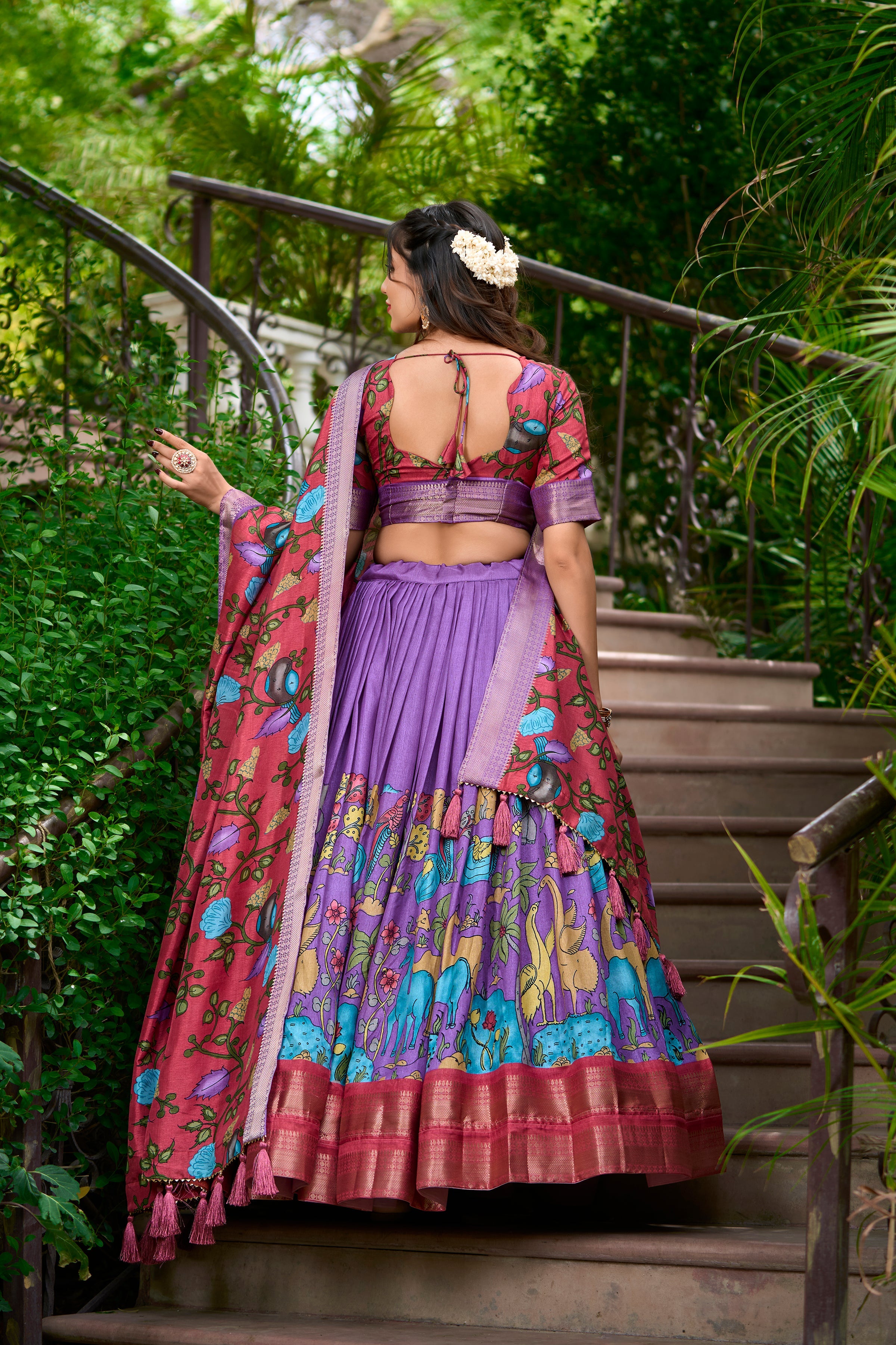 Lorenvalley Lavender Dola Silk Kalamkari Print With Zari Weaving Border Lehenga Choli