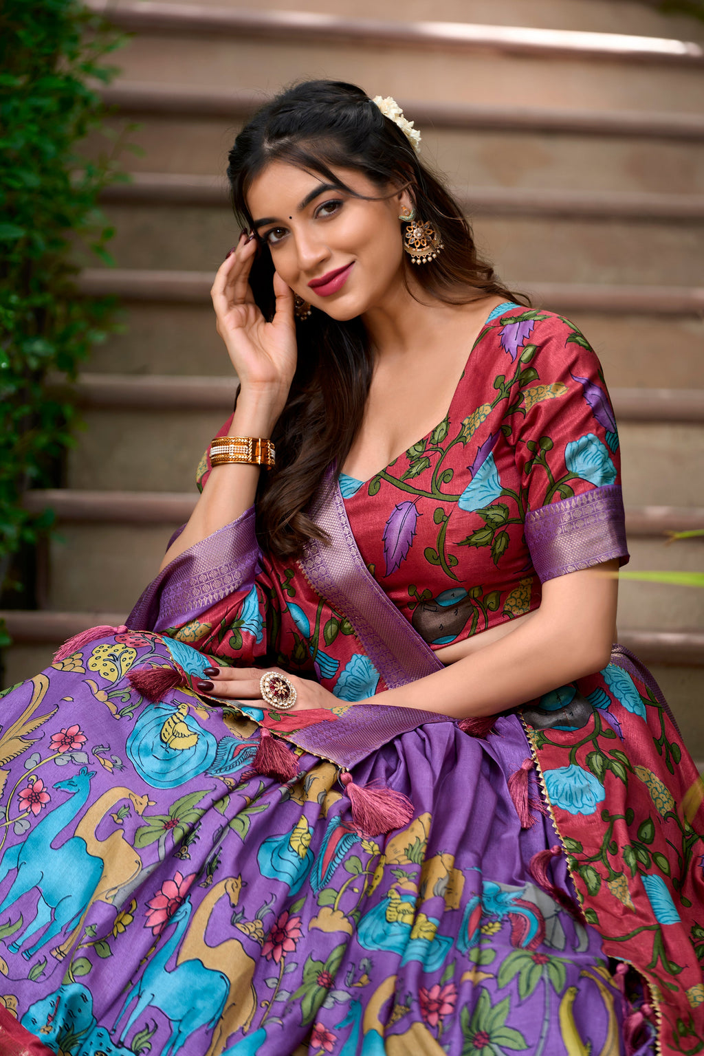 Lorenvalley Lavender Dola Silk Kalamkari Print With Zari Weaving Border Lehenga Choli
