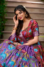 Lorenvalley Lavender Dola Silk Kalamkari Print With Zari Weaving Border Lehenga Choli