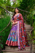Lorenvalley Lavender Dola Silk Kalamkari Print With Zari Weaving Border Lehenga Choli