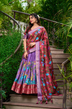 Lorenvalley Lavender Dola Silk Kalamkari Print With Zari Weaving Border Lehenga Choli