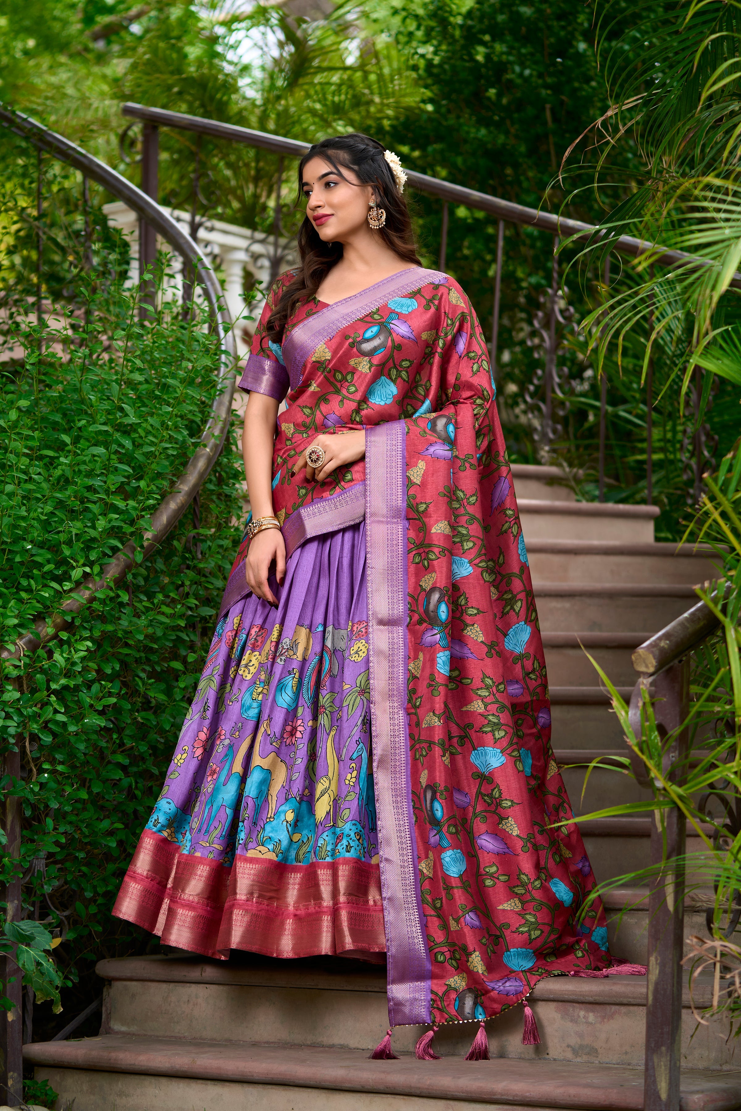 Lorenvalley Lavender Dola Silk Kalamkari Print With Zari Weaving Border Lehenga Choli