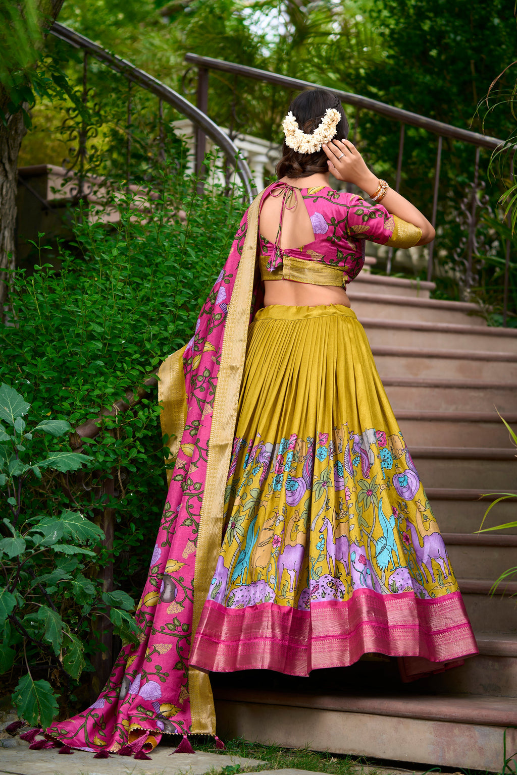 Lorenvalley Mustard Dola Silk Kalamkari Print With Zari Weaving Border Lehenga Choli