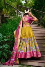 Lorenvalley Mustard Dola Silk Kalamkari Print With Zari Weaving Border Lehenga Choli