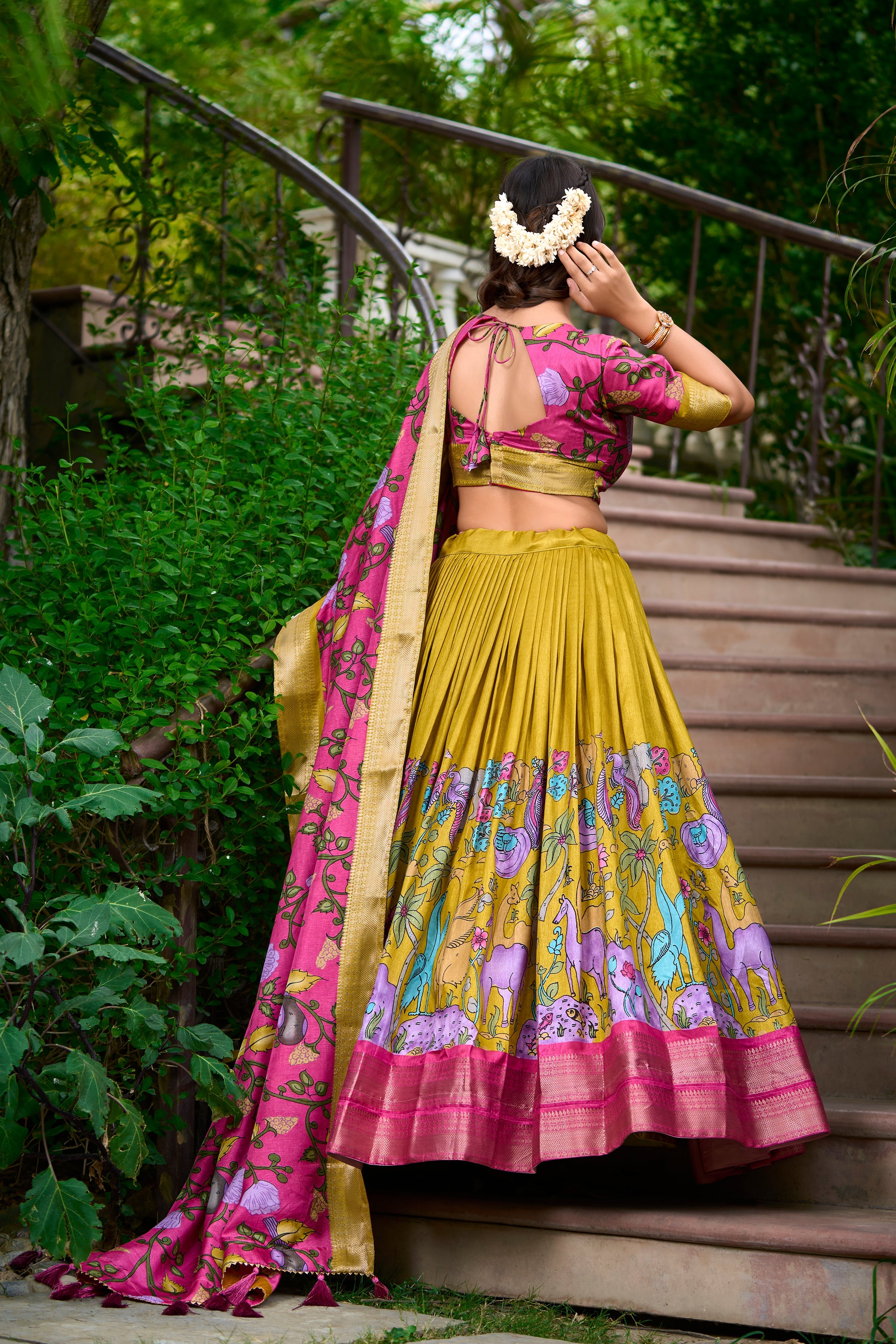 Lorenvalley Mustard Dola Silk Kalamkari Print With Zari Weaving Border Lehenga Choli