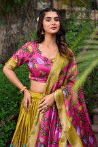 Lorenvalley Mustard Dola Silk Kalamkari Print With Zari Weaving Border Lehenga Choli