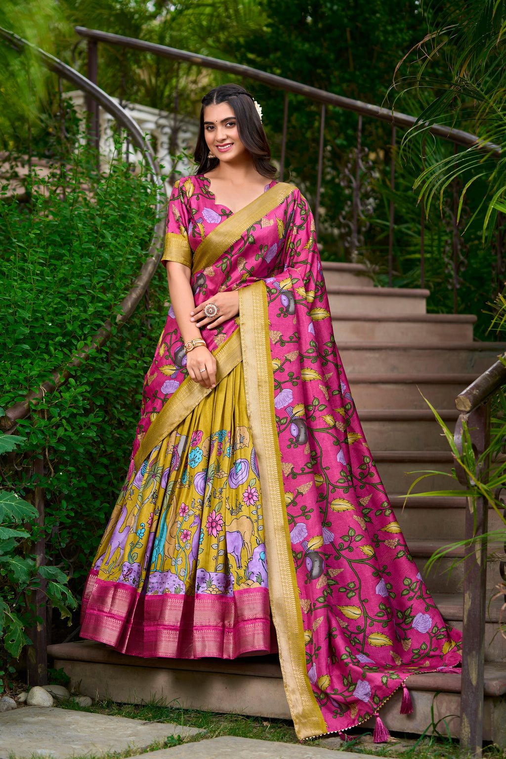 Lorenvalley Mustard Dola Silk Kalamkari Print With Zari Weaving Border Lehenga Choli