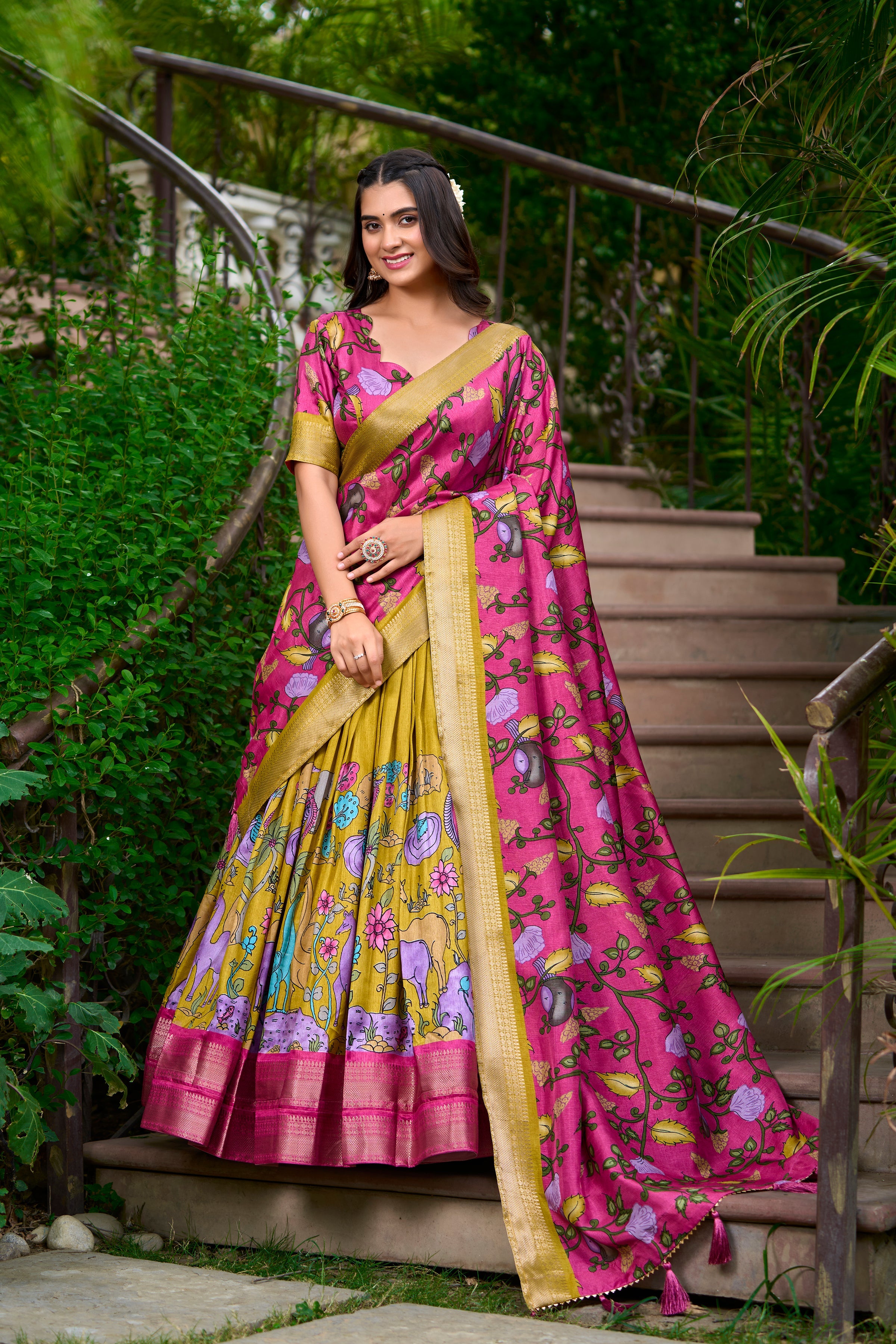 Lorenvalley Mustard Dola Silk Kalamkari Print With Zari Weaving Border Lehenga Choli