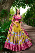 Lorenvalley Mustard Dola Silk Kalamkari Print With Zari Weaving Border Lehenga Choli