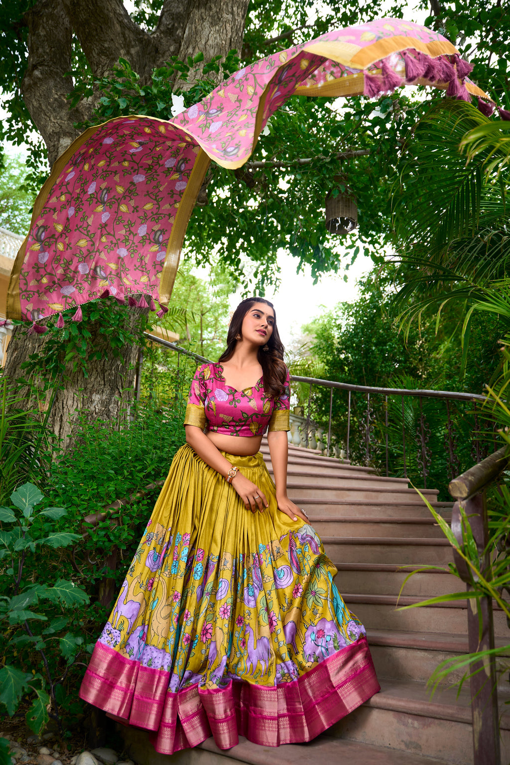 Lorenvalley Mustard Dola Silk Kalamkari Print With Zari Weaving Border Lehenga Choli