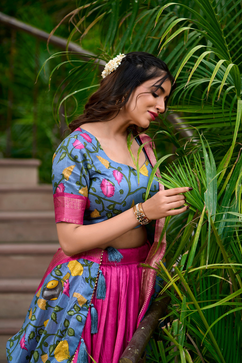 Lorenvalley Pink Dola Silk Kalamkari Print With Zari Weaving Border Lehenga Choli