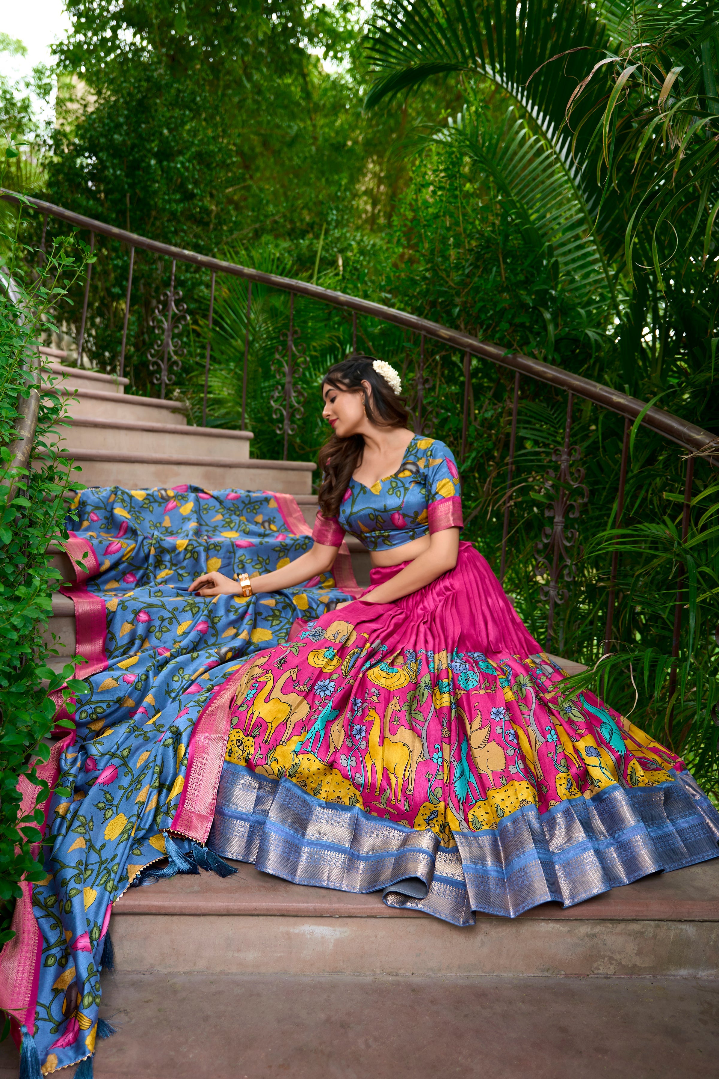 Lorenvalley Pink Dola Silk Kalamkari Print With Zari Weaving Border Lehenga Choli
