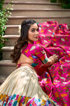 Lorenvalley Cream Dola Silk Kalamkari Print With Zari Weaving Border Lehenga Choli
