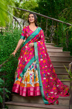 Lorenvalley Cream Dola Silk Kalamkari Print With Zari Weaving Border Lehenga Choli
