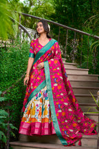 Lorenvalley Cream Dola Silk Kalamkari Print With Zari Weaving Border Lehenga Choli