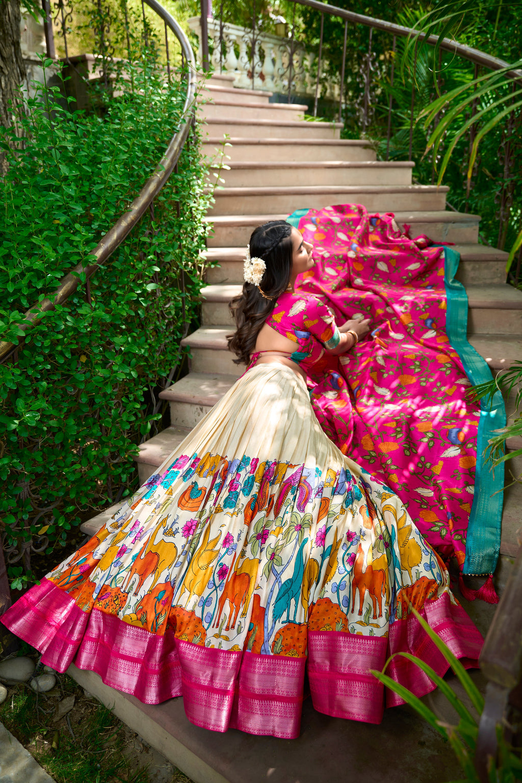 Lorenvalley Cream Dola Silk Kalamkari Print With Zari Weaving Border Lehenga Choli