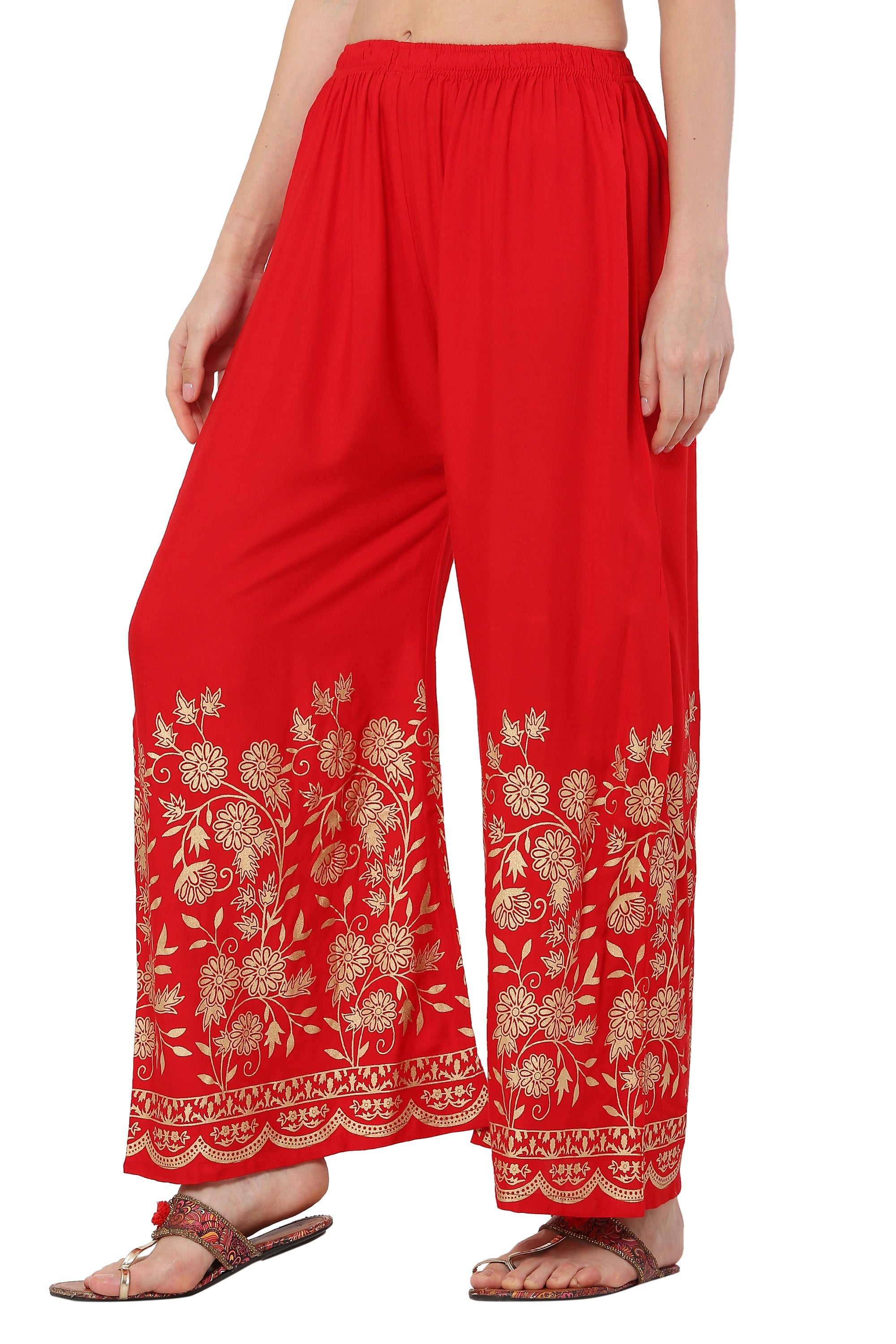 PAVONINE Red Color Floral Half Golden Print Sharara For Women - Distacart