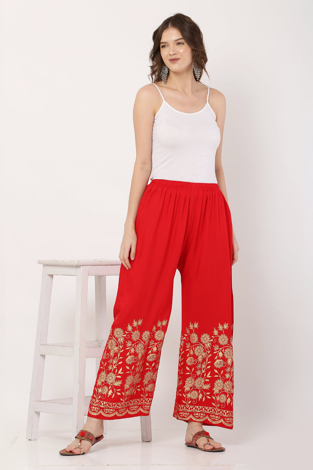 PAVONINE Red Color Floral Half Golden Print Sharara For Women - Distacart