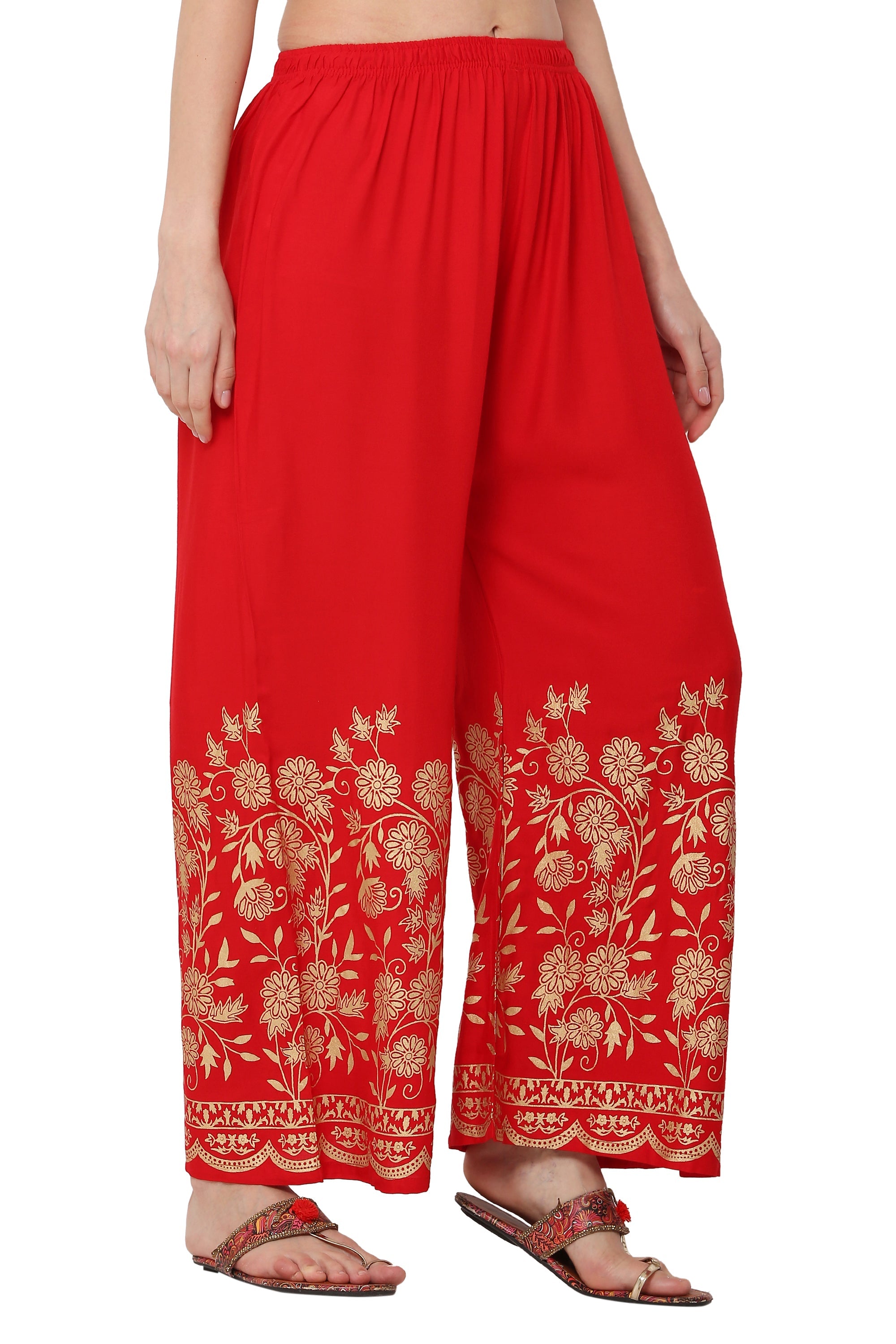 PAVONINE Red Color Floral Half Golden Print Sharara For Women - Distacart