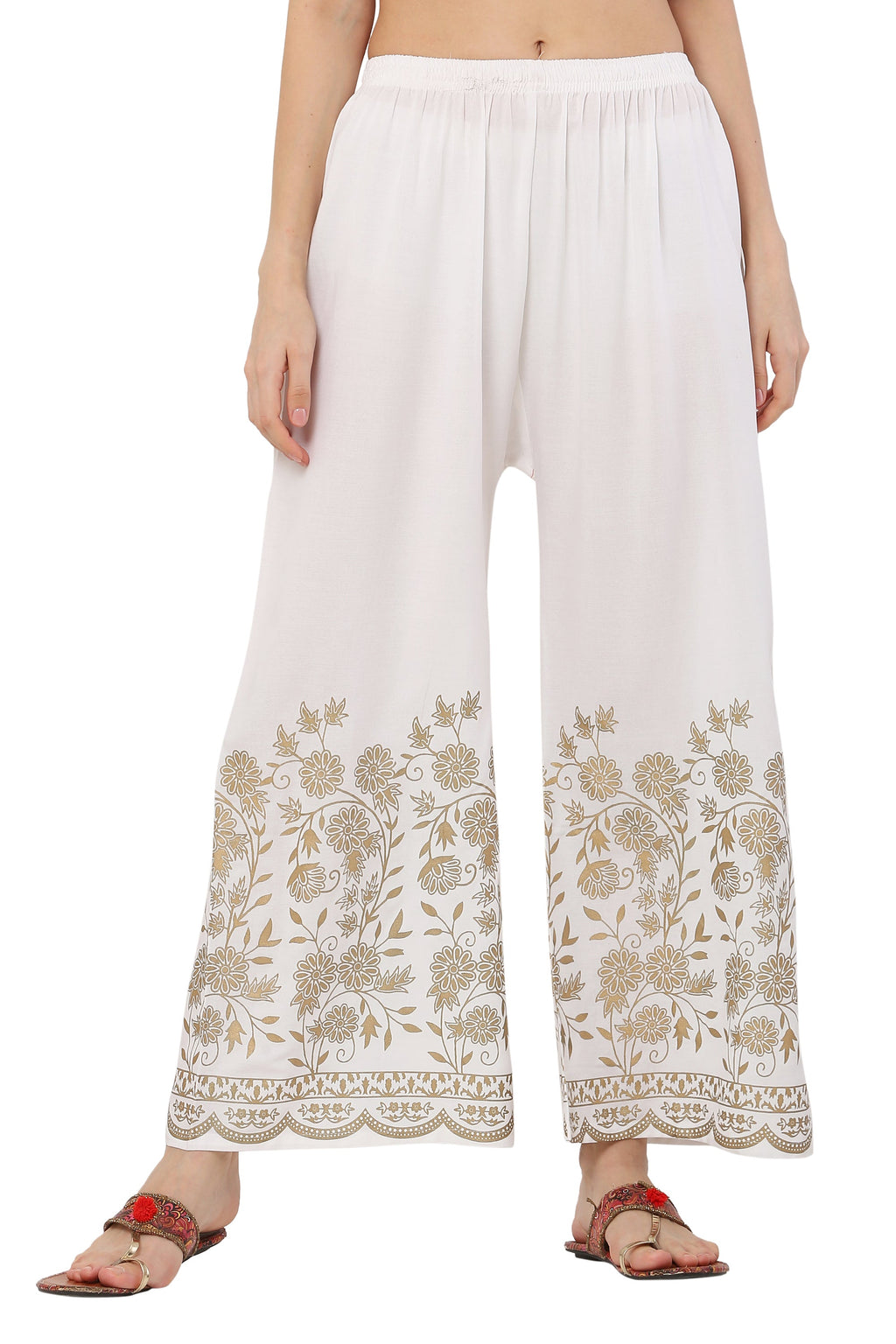 PAVONINE White Color Floral Half Golden Print Sharara For Women - Distacart