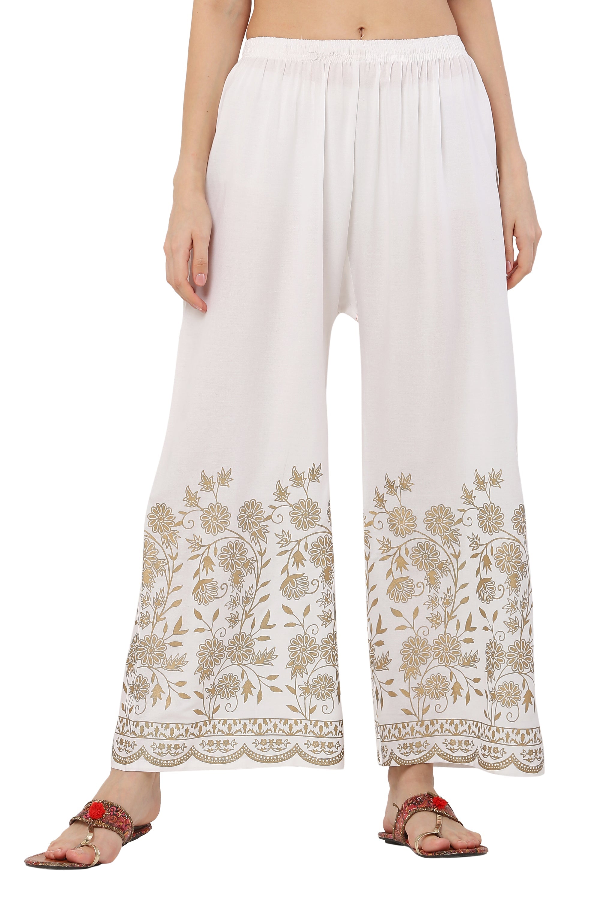 PAVONINE White Color Floral Half Golden Print Sharara For Women - Distacart