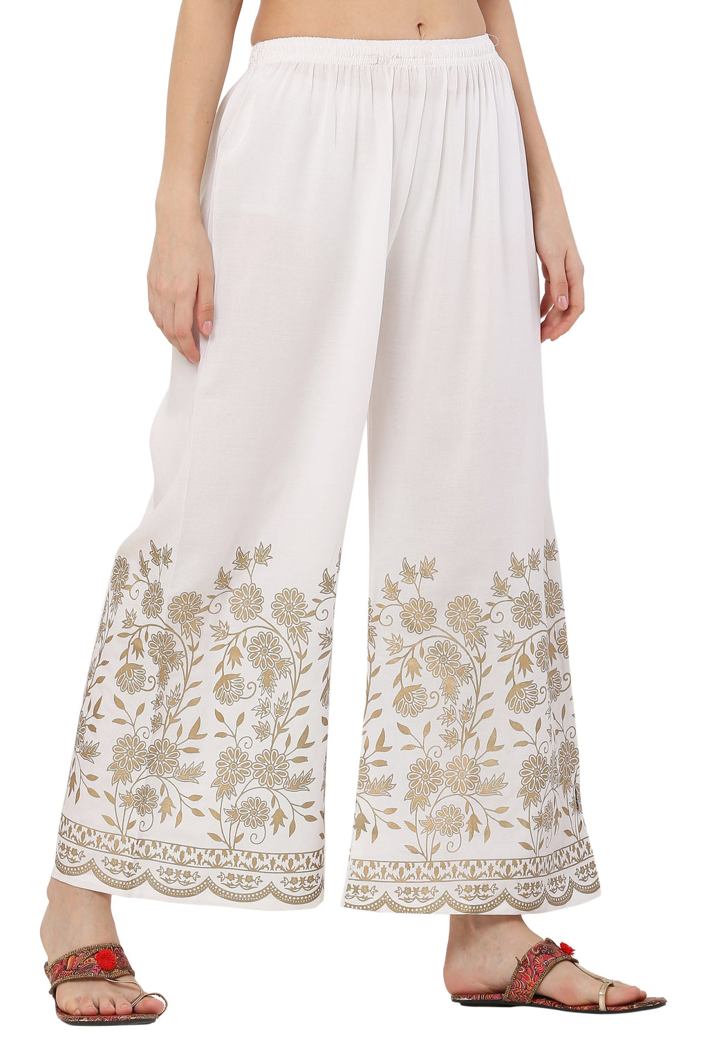PAVONINE White Color Floral Half Golden Print Sharara For Women - Distacart