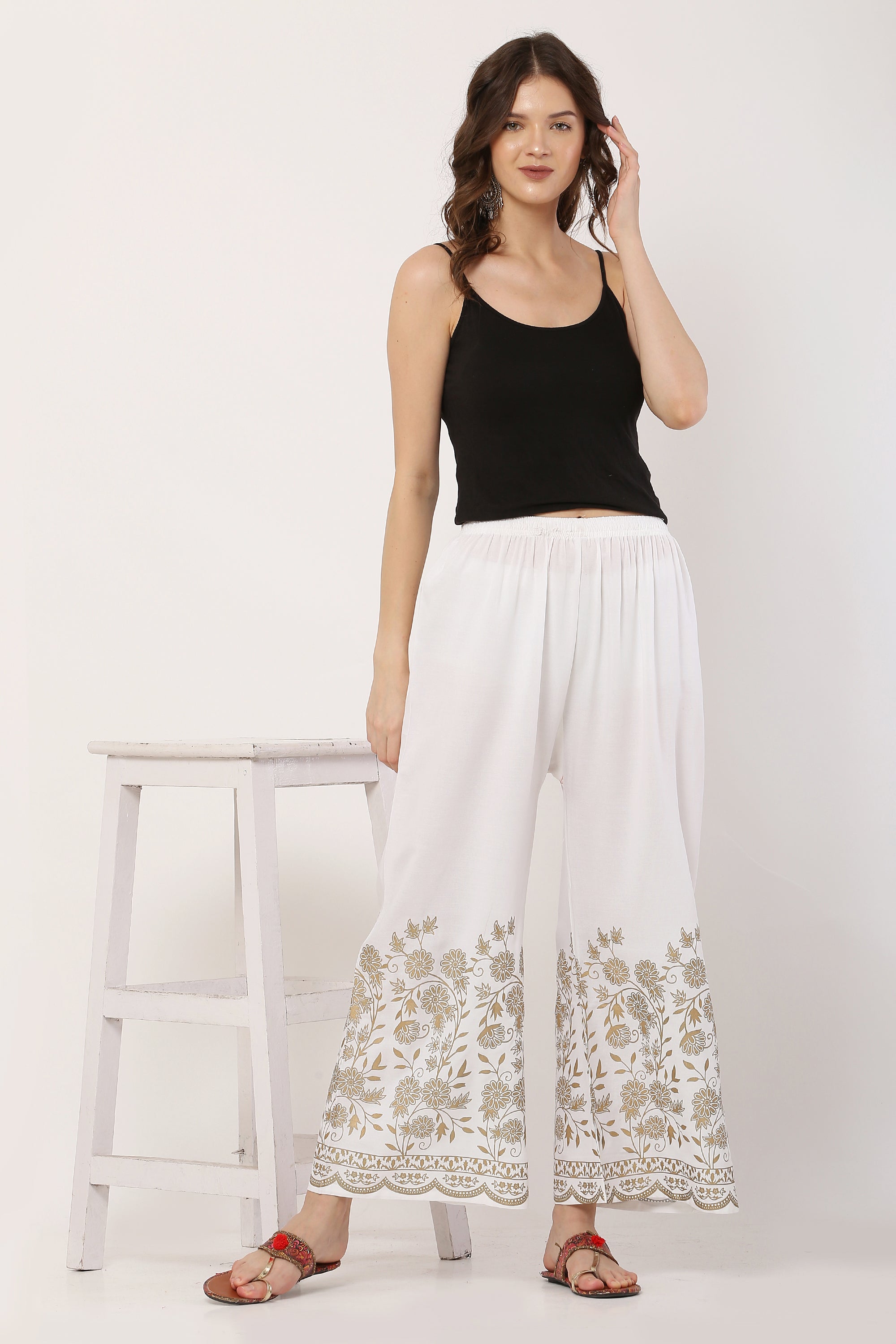 PAVONINE White Color Floral Half Golden Print Sharara For Women - Distacart
