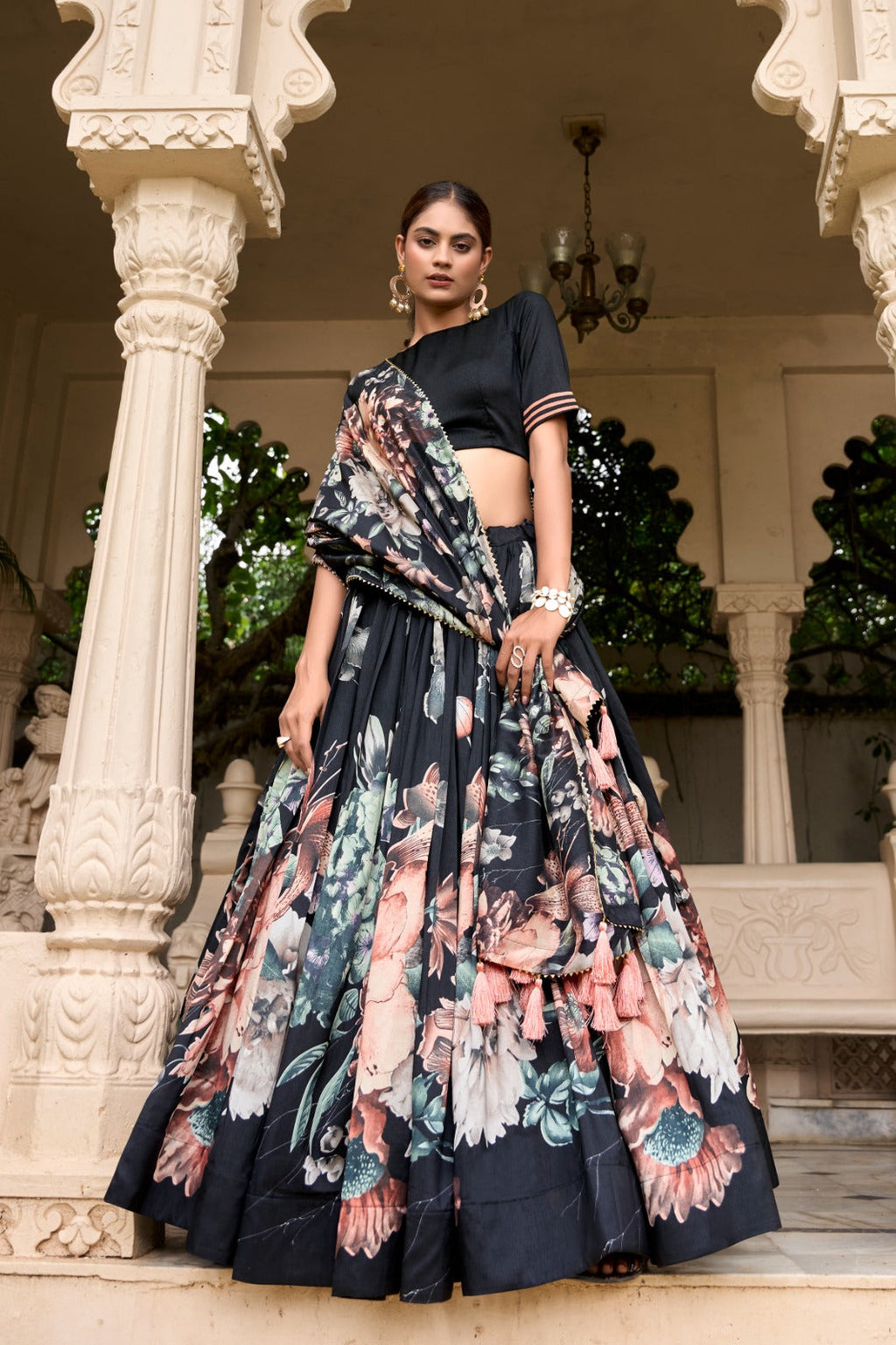 Lorenvalley Black Tussar Silk Floral Print with Lace Touch Up Lehenga Choli