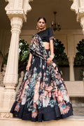 Lorenvalley Black Tussar Silk Floral Print with Lace Touch Up Lehenga Choli