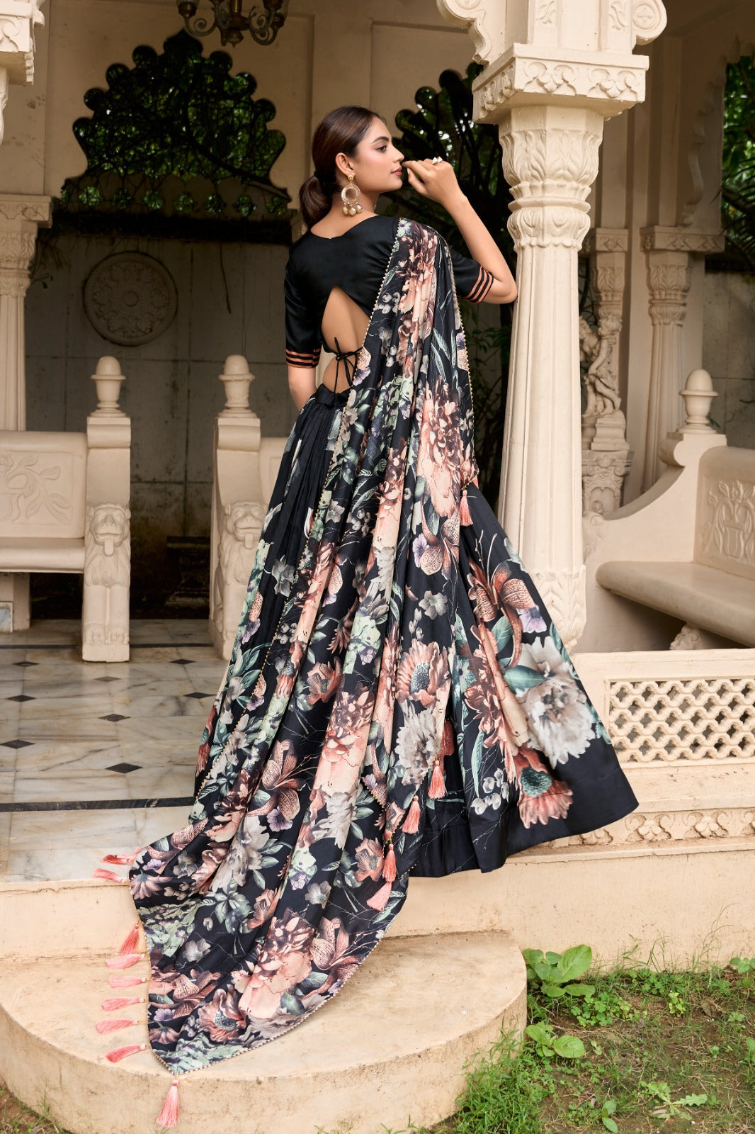 Lorenvalley Black Tussar Silk Floral Print with Lace Touch Up Lehenga Choli