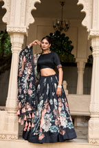 Lorenvalley Black Tussar Silk Floral Print with Lace Touch Up Lehenga Choli