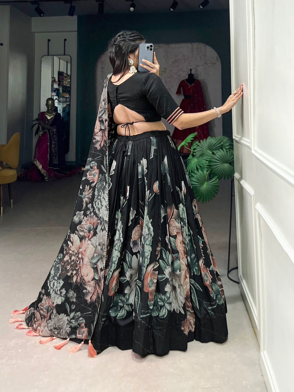 Lorenvalley Black Tussar Silk Floral Print with Lace Touch Up Lehenga Choli