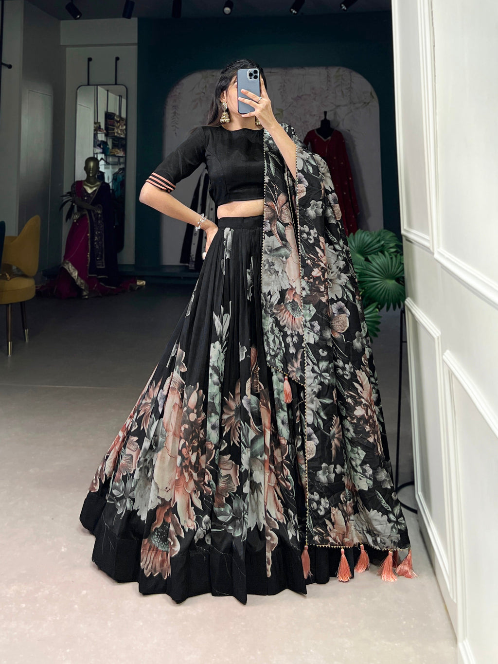 Lorenvalley Black Tussar Silk Floral Print with Lace Touch Up Lehenga Choli