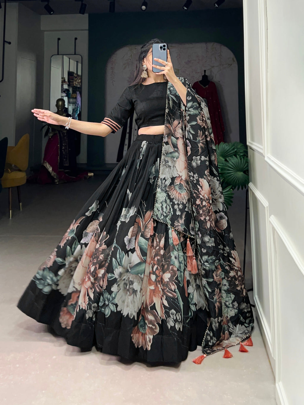 Lorenvalley Black Tussar Silk Floral Print with Lace Touch Up Lehenga Choli