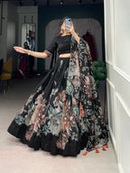 Lorenvalley Black Tussar Silk Floral Print with Lace Touch Up Lehenga Choli